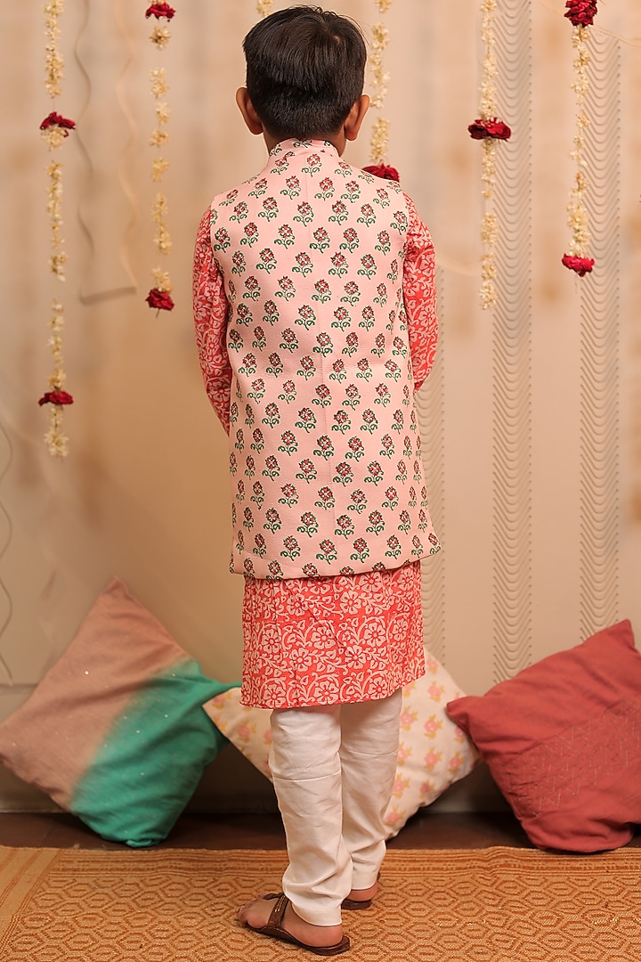 Orange Printed Kurta Set With Nehru Jacket For Boys by Tiny Colour at Pernia's Pop Up Shop