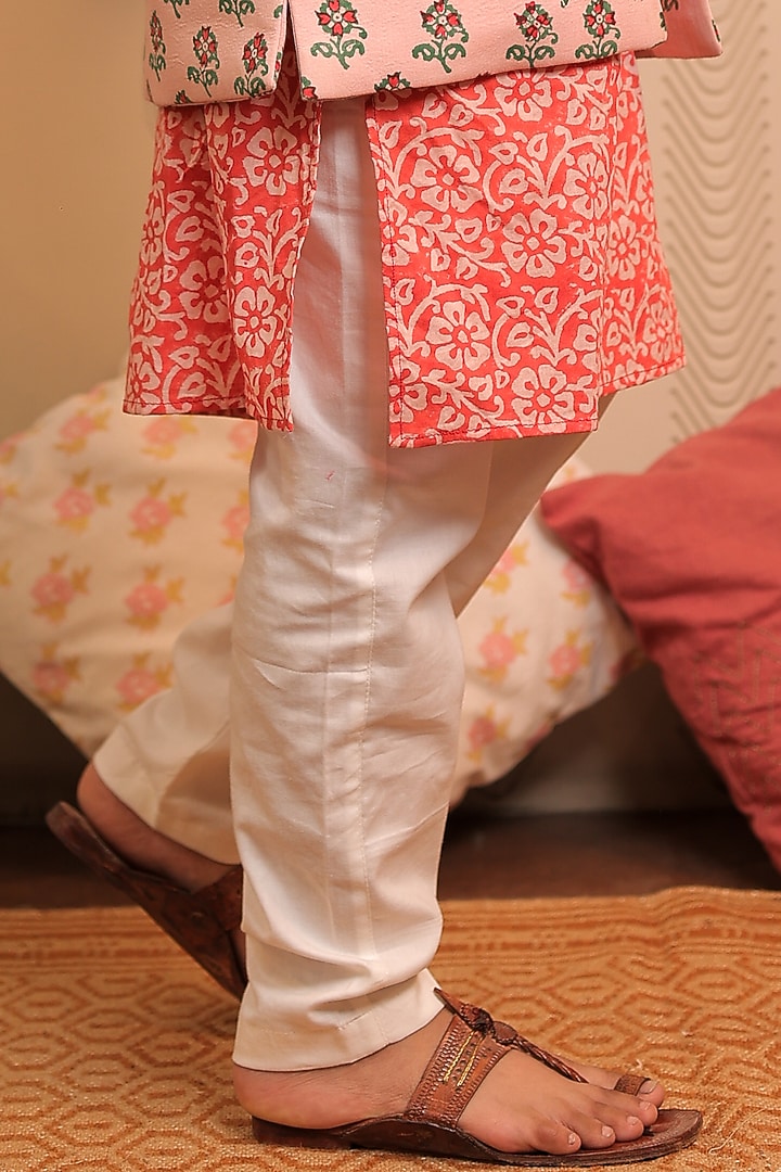 Orange Printed Kurta Set With Nehru Jacket For Boys by Tiny Colour at Pernia's Pop Up Shop