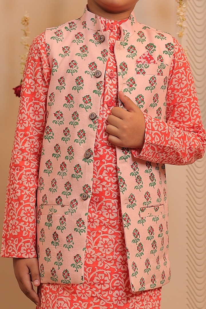 Orange Printed Kurta Set With Nehru Jacket For Boys by Tiny Colour at Pernia's Pop Up Shop