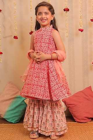 Orange Printed Gharara Set For Girls by Tiny Colour
