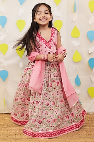Pink Mulmul Cotton Block Printed Lehenga Set For Girls by Tiny Colour