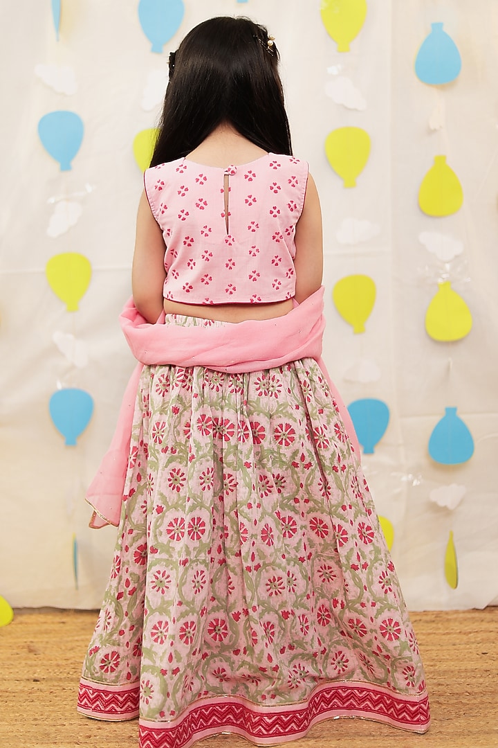 Pink Mulmul Cotton Block Printed Lehenga Set For Girls by Tiny Colour at Pernia's Pop Up Shop