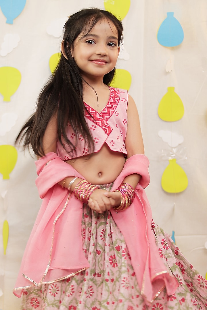 Pink Mulmul Cotton Block Printed Lehenga Set For Girls by Tiny Colour at Pernia's Pop Up Shop