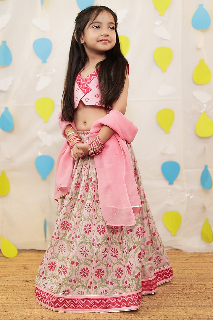 Pink Mulmul Cotton Block Printed Lehenga Set For Girls by Tiny Colour at Pernia's Pop Up Shop