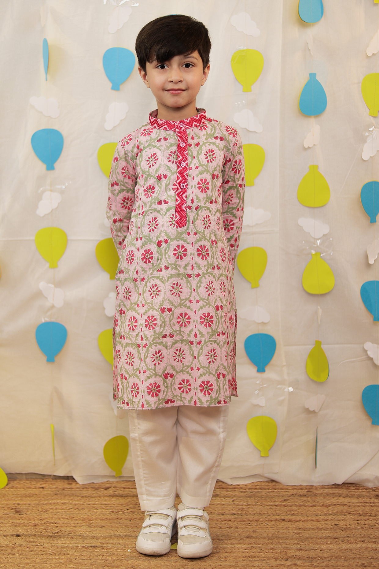 Pink Mulmul Cotton Block Printed & Embroidered Kurta Set For Boys by Tiny Colour