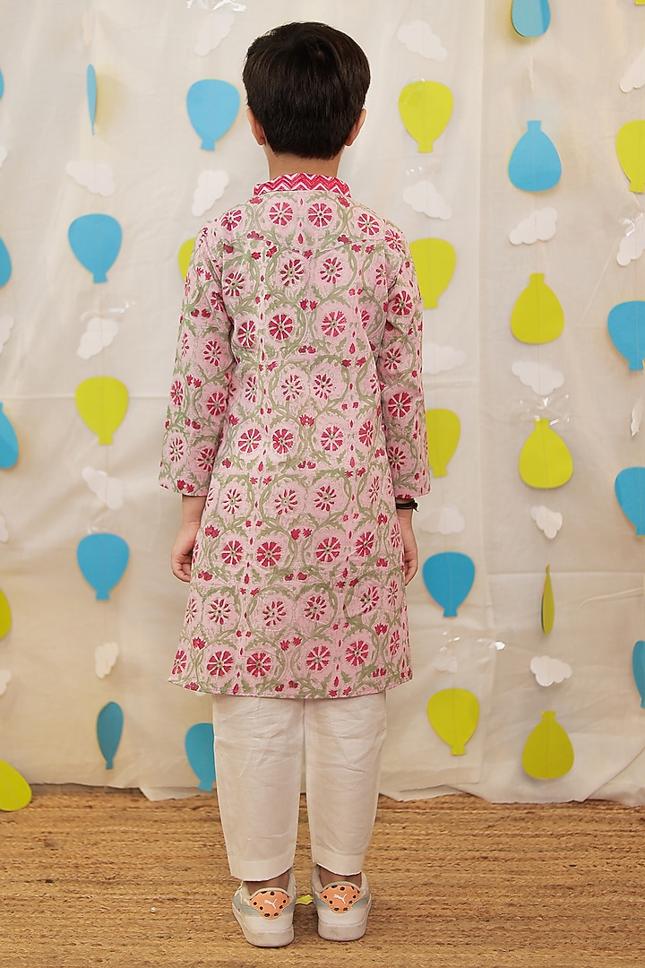 Pink Mulmul Cotton Block Printed & Embroidered Kurta Set For Boys by Tiny Colour at Pernia's Pop Up Shop