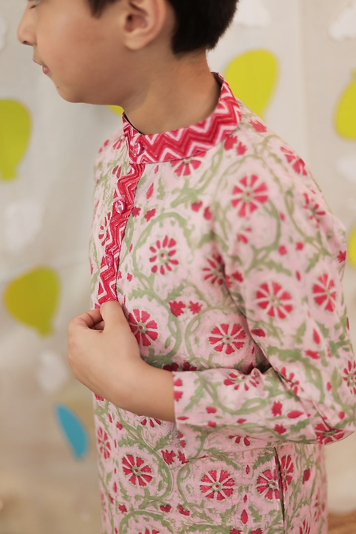 Pink Mulmul Cotton Block Printed & Embroidered Kurta Set For Boys by Tiny Colour at Pernia's Pop Up Shop