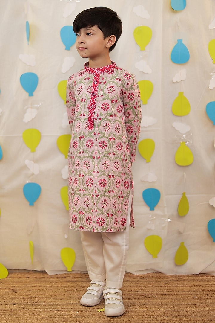 Pink Mulmul Cotton Block Printed & Embroidered Kurta Set For Boys by Tiny Colour at Pernia's Pop Up Shop