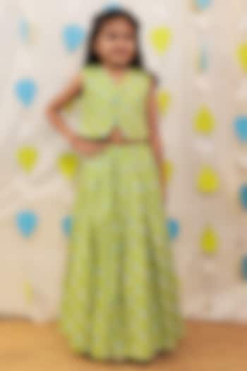 Green Glazed Cotton Blocked Printed Skirt Set For Girls by Tiny Colour at Pernia's Pop Up Shop