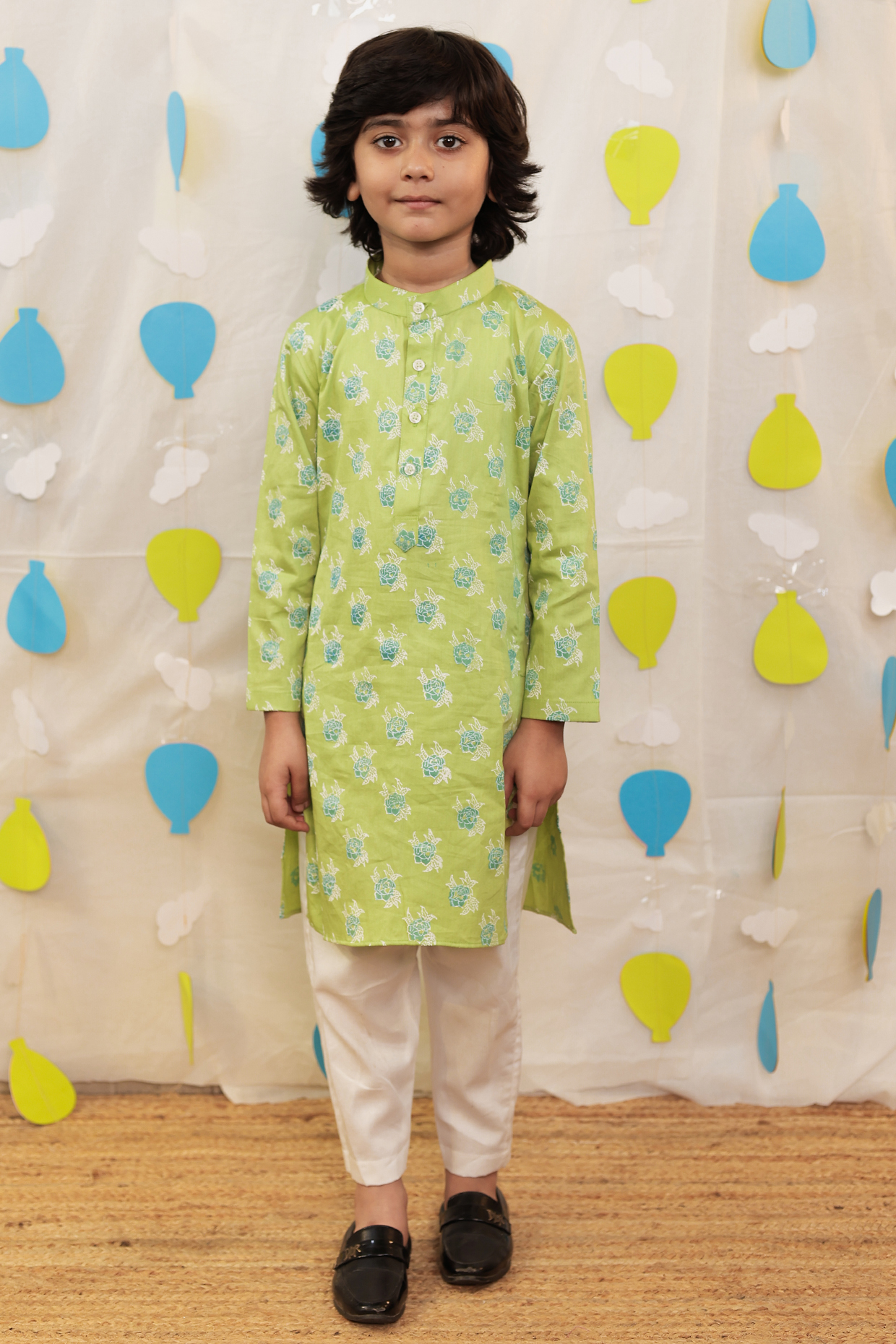 Green Glazed Cotton Blocked Printed Kurta Set For Boys by Tiny Colour