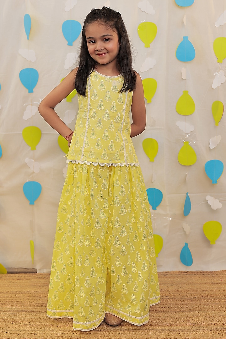 Yellow Mulmul Cotton Block Printed & Lace Embellished Sharara Set For Girls by Tiny Colour at Pernia's Pop Up Shop
