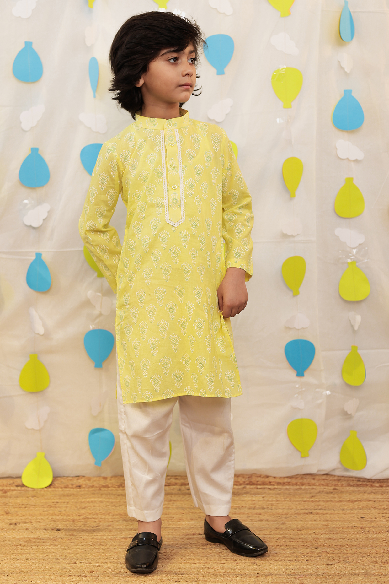 Yellow Glazed Cotton Block Printed & Embellished Kurta Set For Boys by Tiny Colour