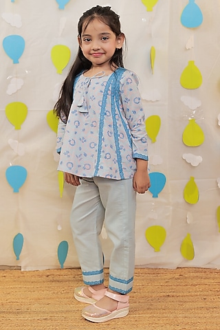 Blue Mulmul Cotton Block Printed & Embellished Kurta Set For Girls by Tiny Colour