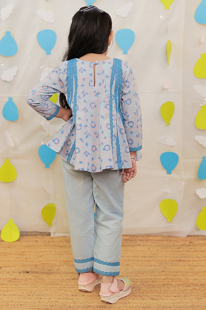 Blue Mulmul Cotton Block Printed & Embellished Kurta Set For Girls by Tiny Colour at Pernia's Pop Up Shop