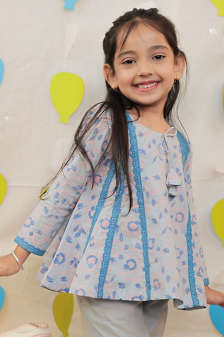 Blue Mulmul Cotton Block Printed & Embellished Kurta Set For Girls by Tiny Colour at Pernia's Pop Up Shop