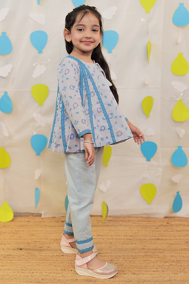 Blue Mulmul Cotton Block Printed & Embellished Kurta Set For Girls by Tiny Colour at Pernia's Pop Up Shop