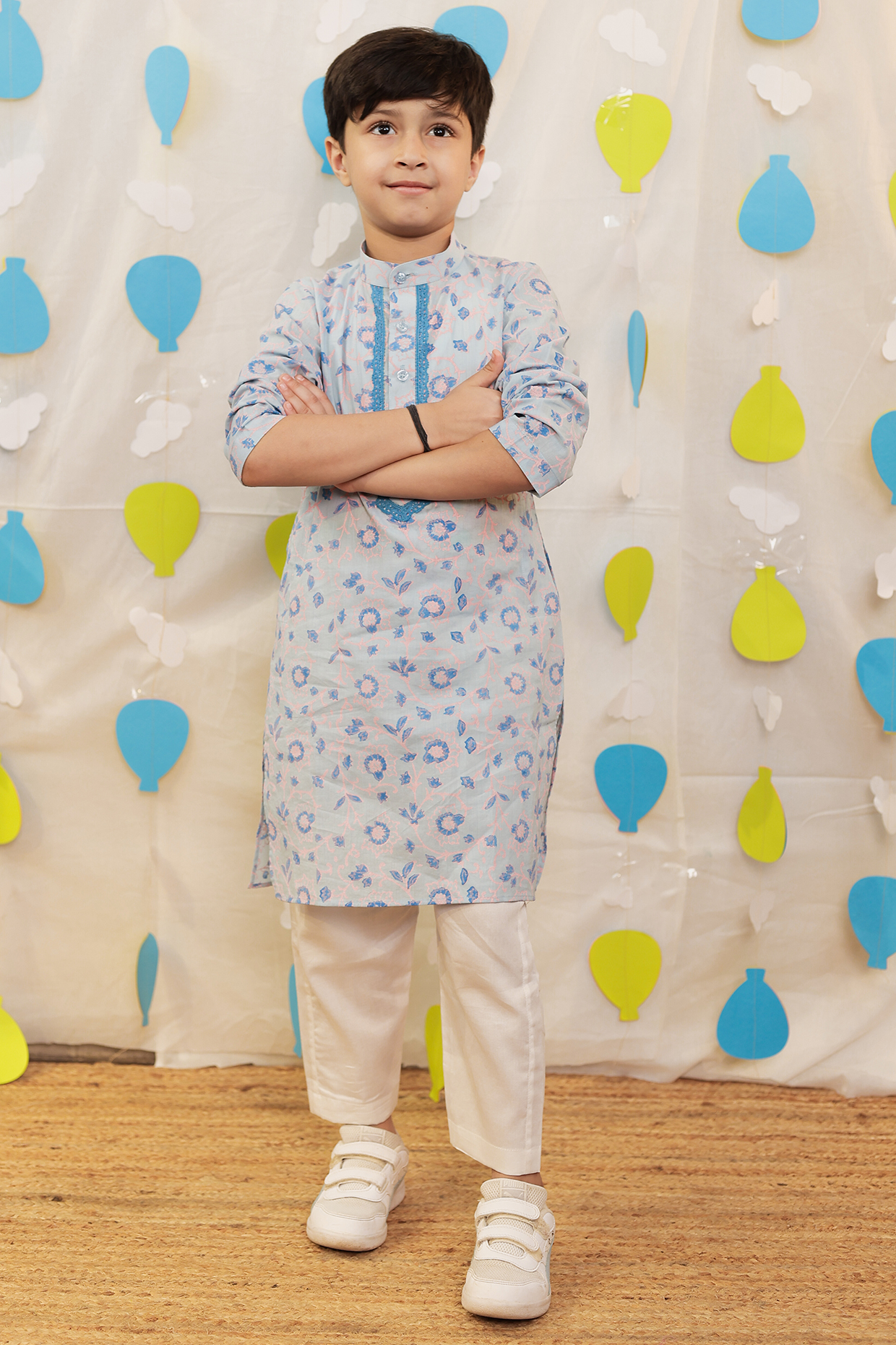 Blue Mulmul Cotton Block Printed & Embellished Kurta Set For Boys by Tiny Colour