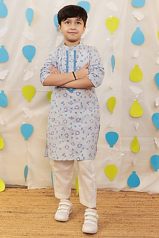 Blue Mulmul Cotton Block Printed & Embellished Kurta Set For Boys by Tiny Colour