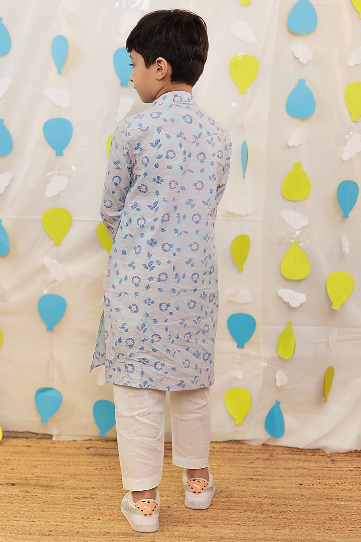 Blue Mulmul Cotton Block Printed & Embellished Kurta Set For Boys by Tiny Colour at Pernia's Pop Up Shop