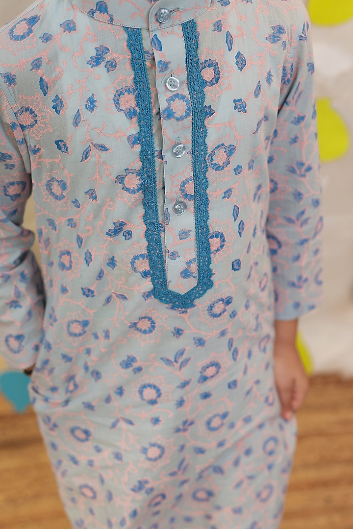 Blue Mulmul Cotton Block Printed & Embellished Kurta Set For Boys by Tiny Colour at Pernia's Pop Up Shop
