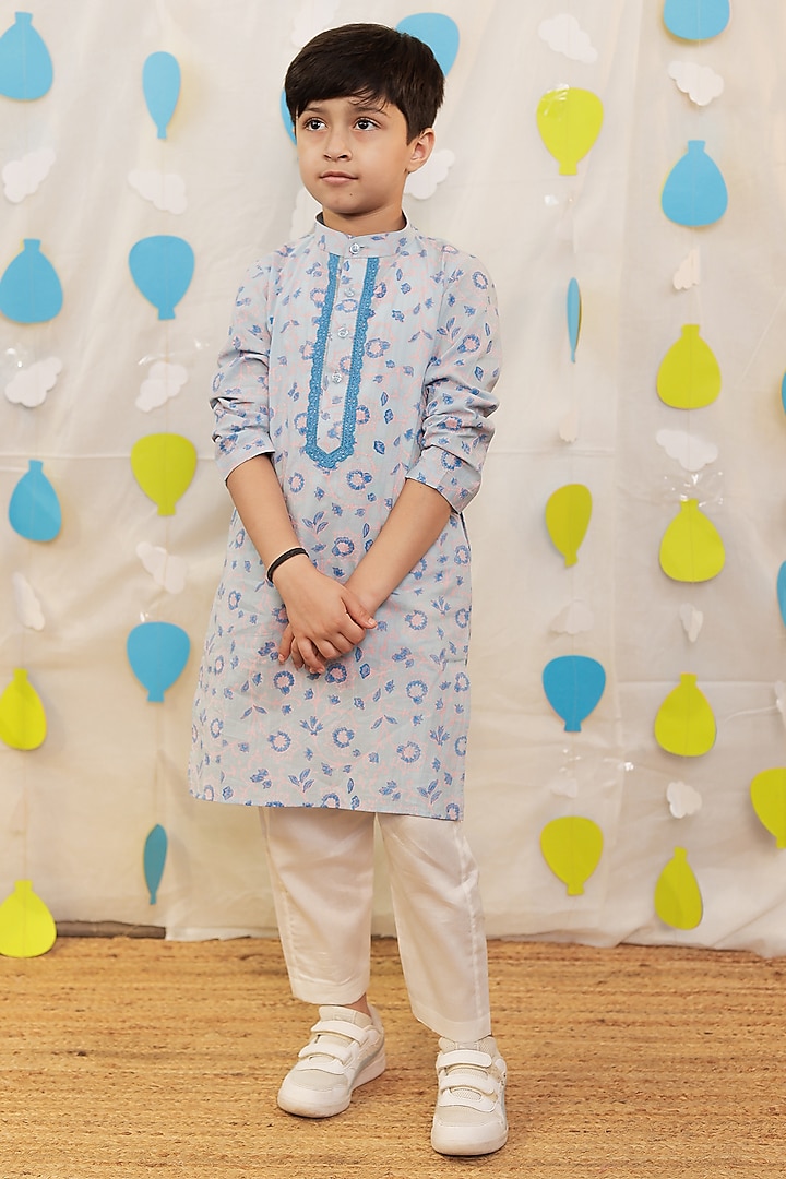 Blue Mulmul Cotton Block Printed & Embellished Kurta Set For Boys by Tiny Colour at Pernia's Pop Up Shop