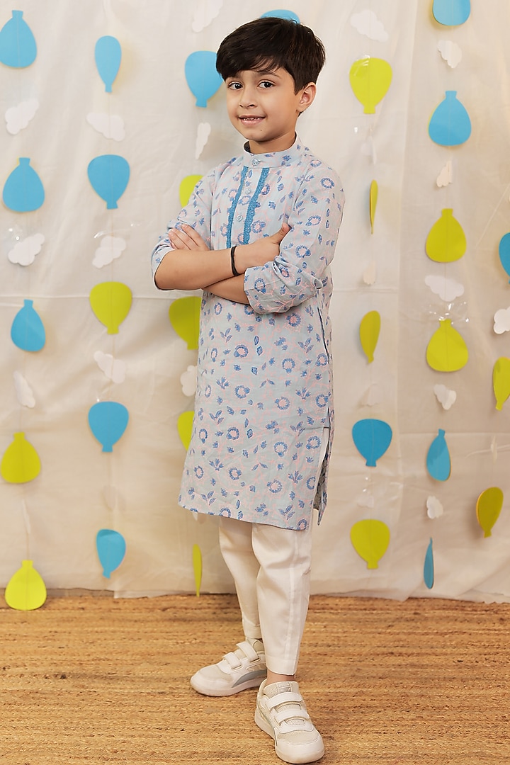 Blue Mulmul Cotton Block Printed & Embellished Kurta Set For Boys by Tiny Colour at Pernia's Pop Up Shop