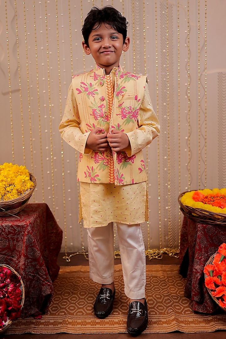 Yellow Glaze Cotton Block Printed Nehru Jacket With Kurta Set For Boys by Tiny Colour