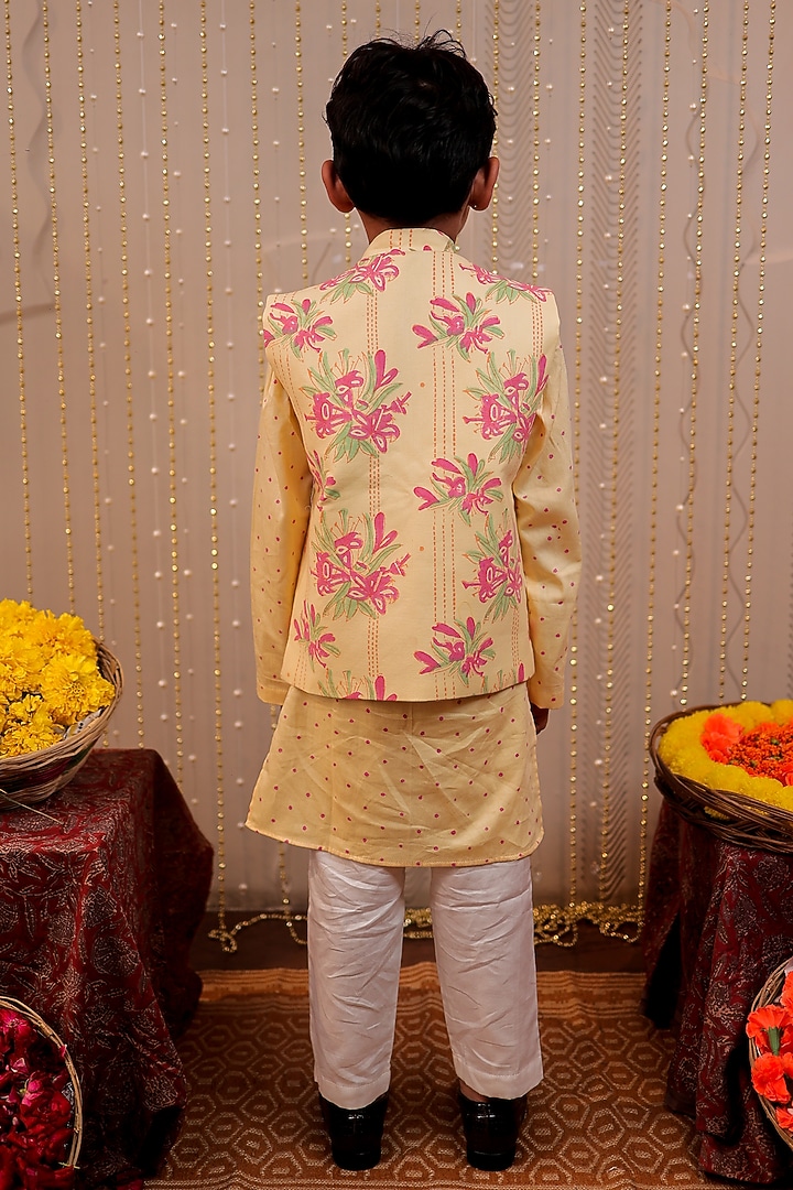 Yellow Glaze Cotton Block Printed Nehru Jacket With Kurta Set For Boys by Tiny Colour at Pernia's Pop Up Shop