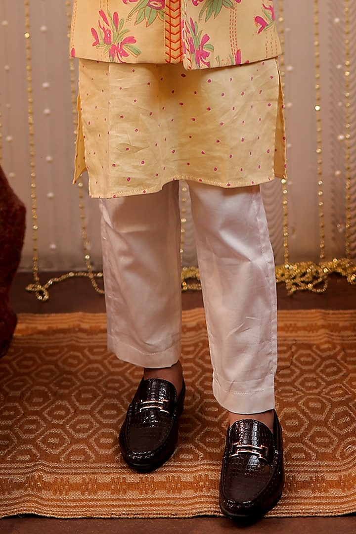 Yellow Glaze Cotton Block Printed Nehru Jacket With Kurta Set For Boys by Tiny Colour at Pernia's Pop Up Shop