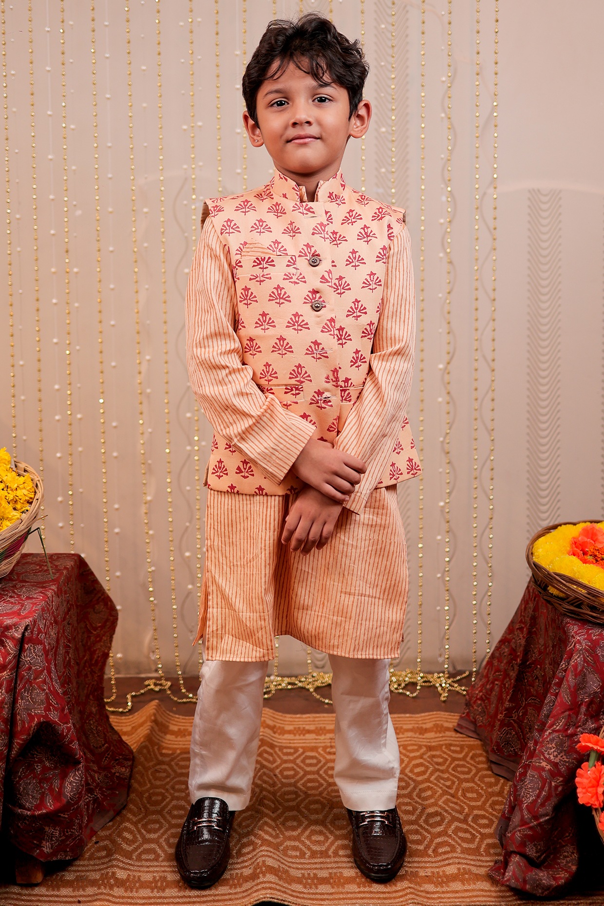 Buy Peach Pure Georgette Embroidered Sequin Jacket And Kurta Set For Men by  Ankit V Kapoor Online at Aza Fashions.