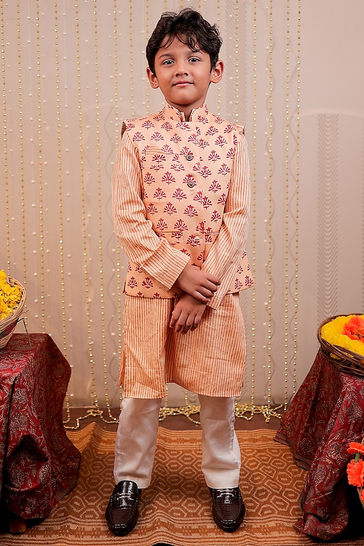 Peach Glaze Cotton Block Printed Nehru Jacket With Kurta Set For Boys by Tiny Colour