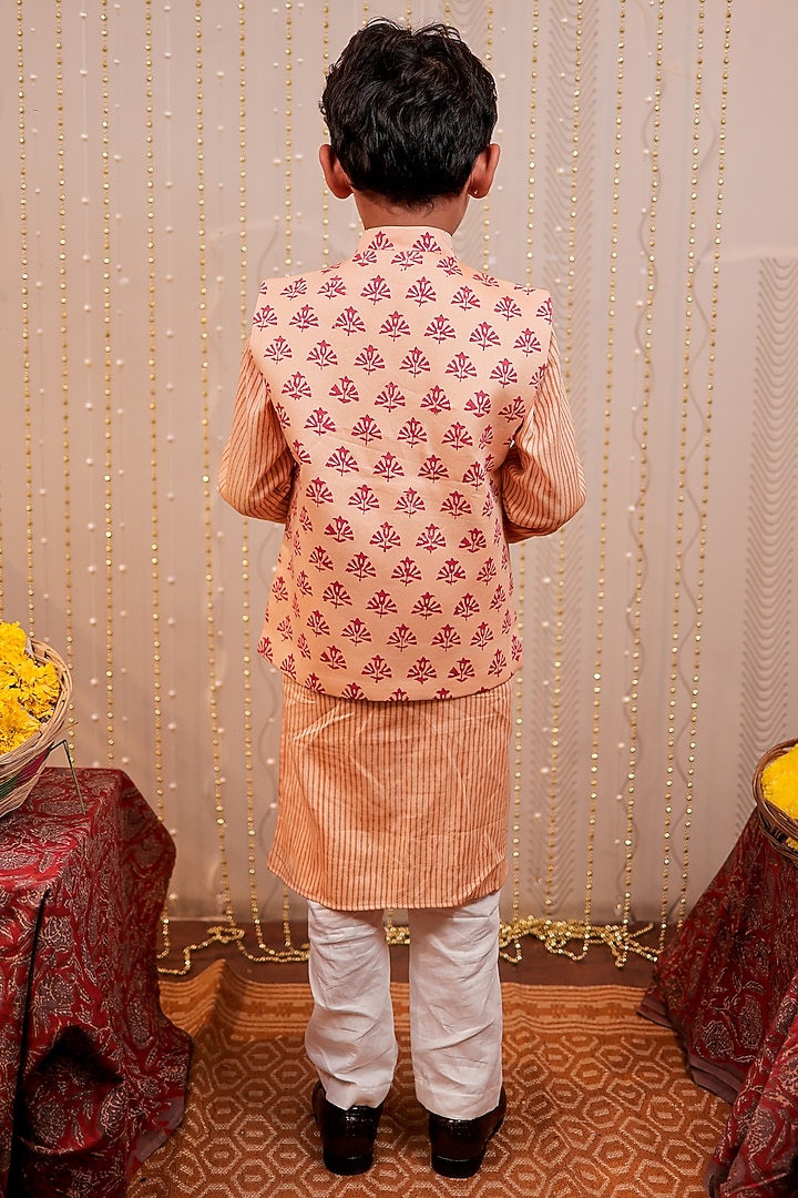 Peach Glaze Cotton Block Printed Nehru Jacket With Kurta Set For Boys by Tiny Colour at Pernia's Pop Up Shop