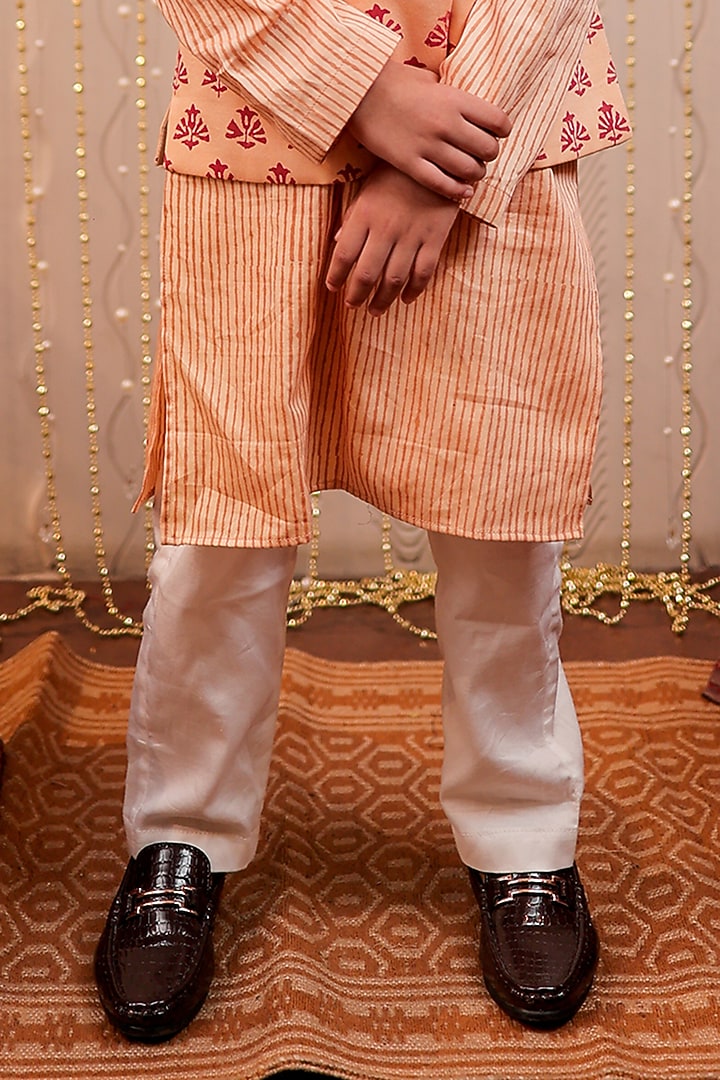 Peach Glaze Cotton Block Printed Nehru Jacket With Kurta Set For Boys by Tiny Colour at Pernia's Pop Up Shop