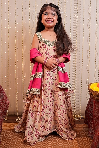 Beige Chinon Crepe Block Printed Kurta Set For Girls by Tiny Colour