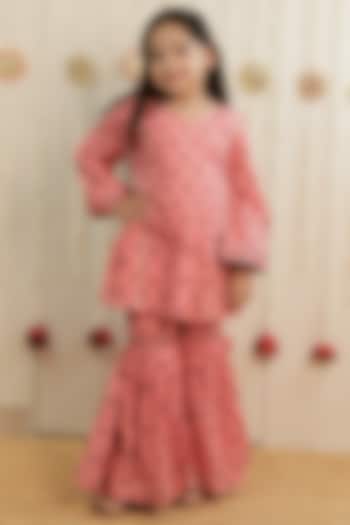 Peach Cambric Cotton Hand Block Print Gota Embellished Gharara Set For Girls by Tiny Colour at Pernia's Pop Up Shop