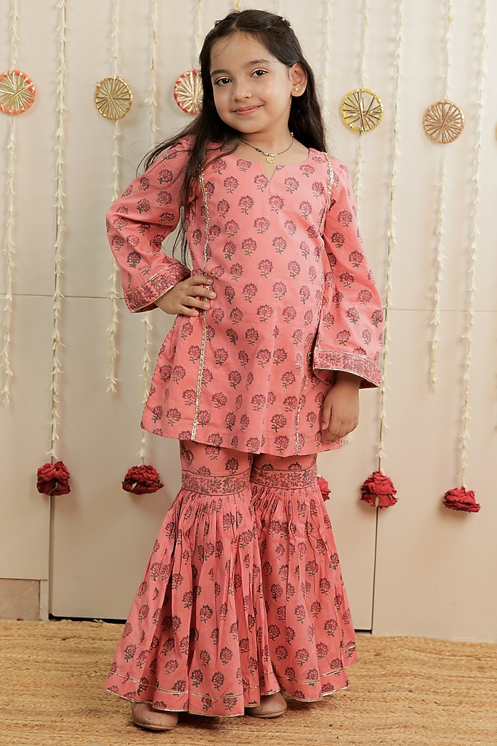 Peach Cambric Cotton Hand Block Print Gota Embellished Gharara Set For Girls by Tiny Colour at Pernia's Pop Up Shop