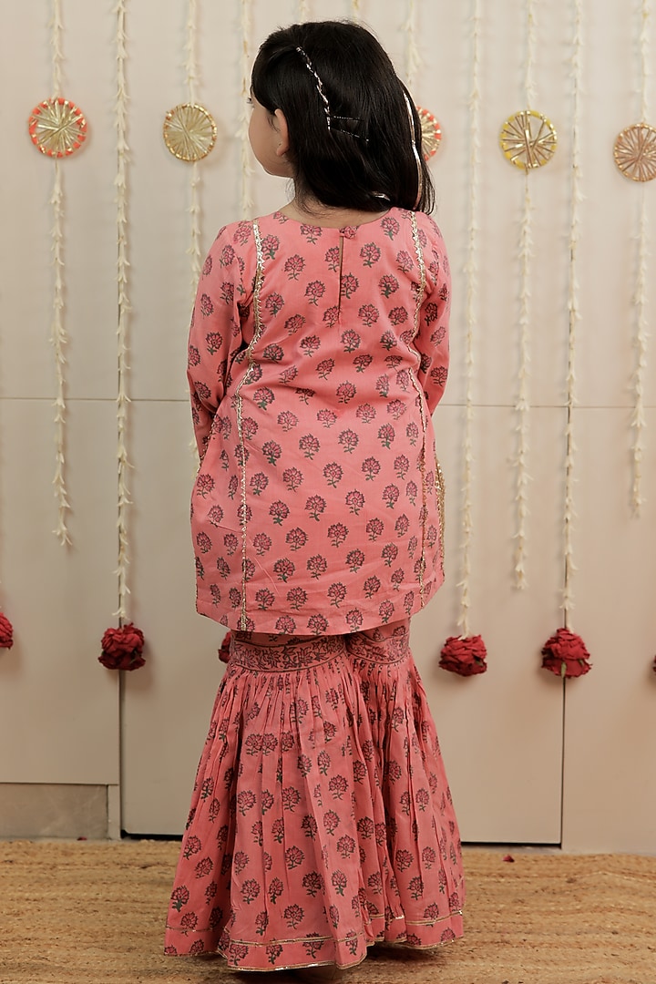 Peach Cambric Cotton Hand Block Print Gota Embellished Gharara Set For Girls by Tiny Colour at Pernia's Pop Up Shop