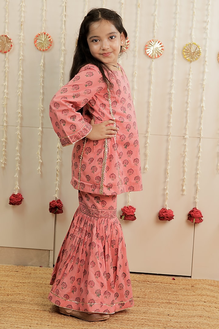 Peach Cambric Cotton Hand Block Print Gota Embellished Gharara Set For Girls by Tiny Colour at Pernia's Pop Up Shop