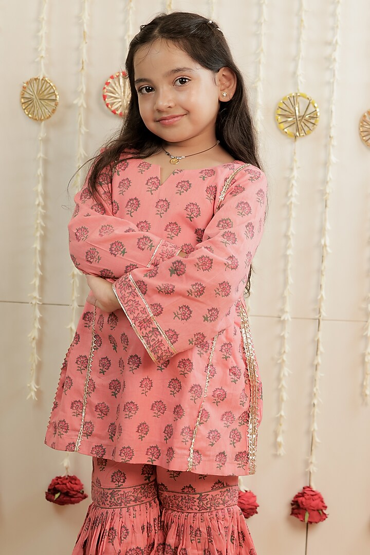 Peach Cambric Cotton Hand Block Print Gota Embellished Gharara Set For Girls by Tiny Colour at Pernia's Pop Up Shop