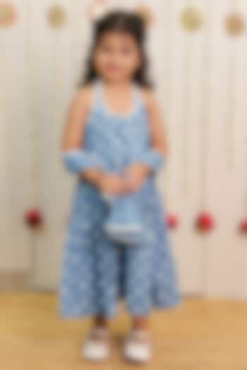 Sky Blue Cambric Cotton Polka Dot Block Printed Kurta Set For Girls by Tiny Colour at Pernia's Pop Up Shop