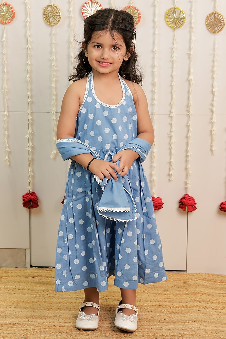 Sky Blue Cambric Cotton Polka Dot Block Printed Kurta Set For Girls by Tiny Colour at Pernia's Pop Up Shop