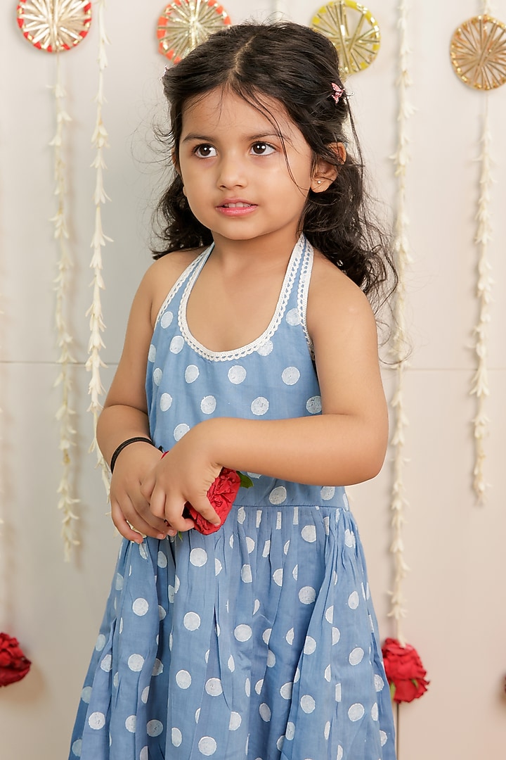 Sky Blue Cambric Cotton Polka Dot Block Printed Kurta Set For Girls by Tiny Colour at Pernia's Pop Up Shop