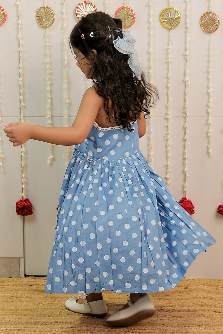 Sky Blue Cambric Cotton Polka Dot Block Printed Kurta Set For Girls by Tiny Colour at Pernia's Pop Up Shop