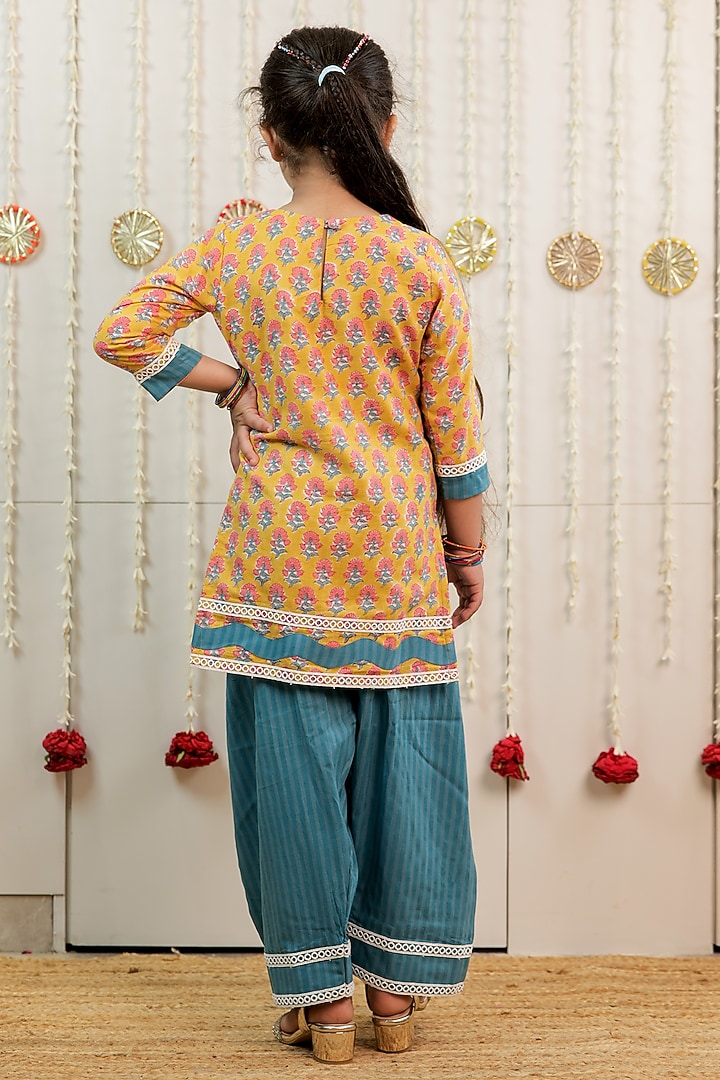 Yellow Cotton Hand Block Printed Kurta Set For Girls by Tiny Colour at Pernia's Pop Up Shop