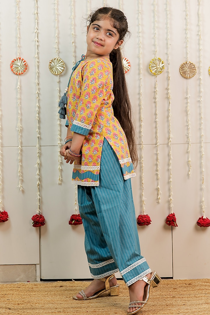 Yellow Cotton Hand Block Printed Kurta Set For Girls by Tiny Colour at Pernia's Pop Up Shop