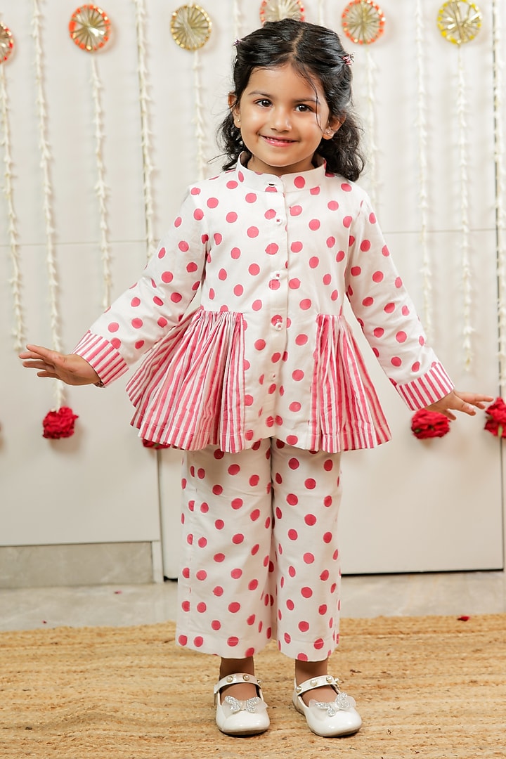 White Cotton Polka Printed Co-Ord Set For Girls by Tiny Colour at Pernia's Pop Up Shop