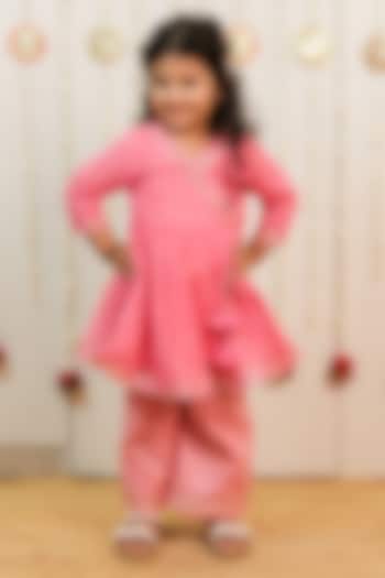 Peachish Pink Georgette Hand Block Printed Angrakha Kurta Set For Girls by Tiny Colour at Pernia's Pop Up Shop