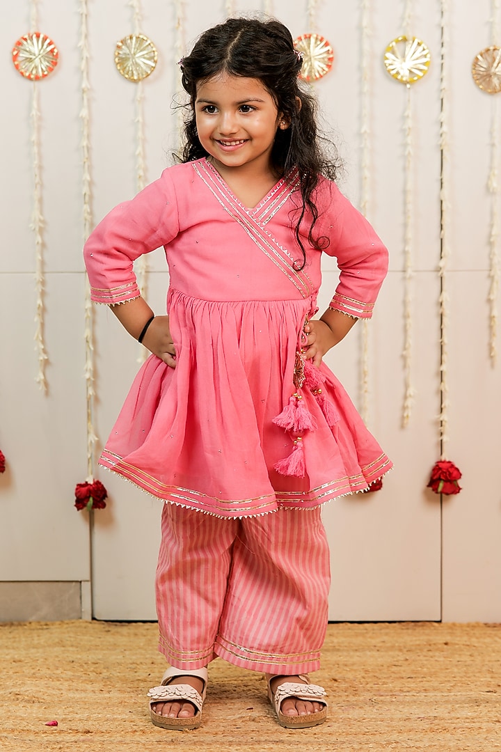 Peachish Pink Georgette Hand Block Printed Angrakha Kurta Set For Girls by Tiny Colour at Pernia's Pop Up Shop