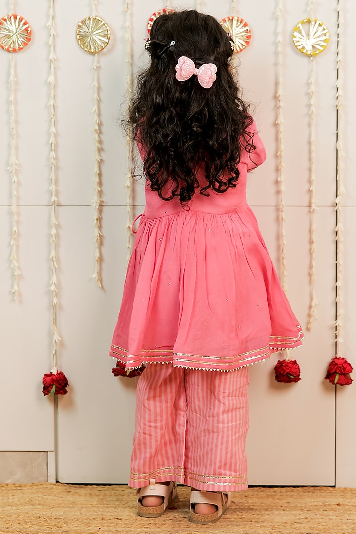 Peachish Pink Georgette Hand Block Printed Angrakha Kurta Set For Girls by Tiny Colour at Pernia's Pop Up Shop