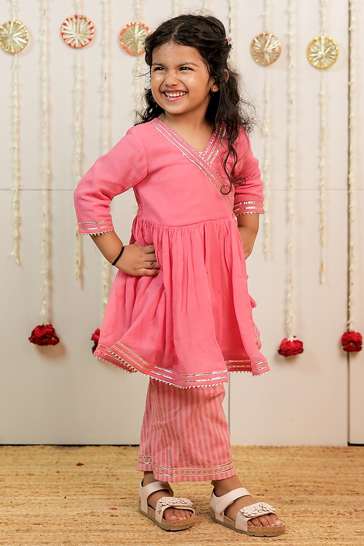 Peachish Pink Georgette Hand Block Printed Angrakha Kurta Set For Girls by Tiny Colour at Pernia's Pop Up Shop